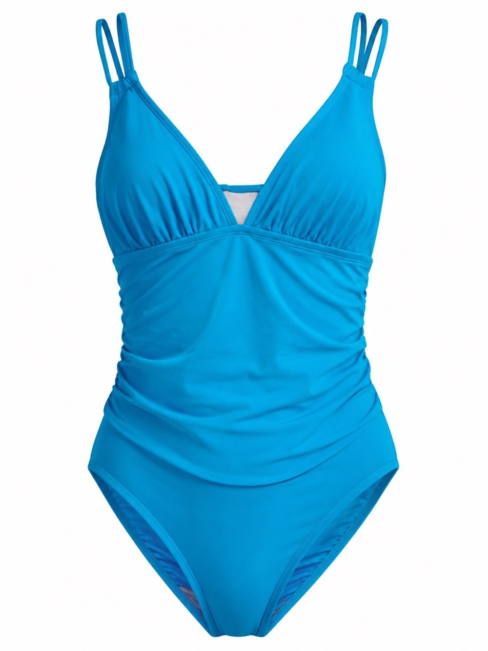 Shade & Shore Turquoise One Piece Swimsuit Ruched Mesh V-Neck-NWT